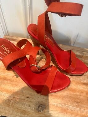 Yves Saint Laurent Orange-Red Leather Ankle-Strap Heels